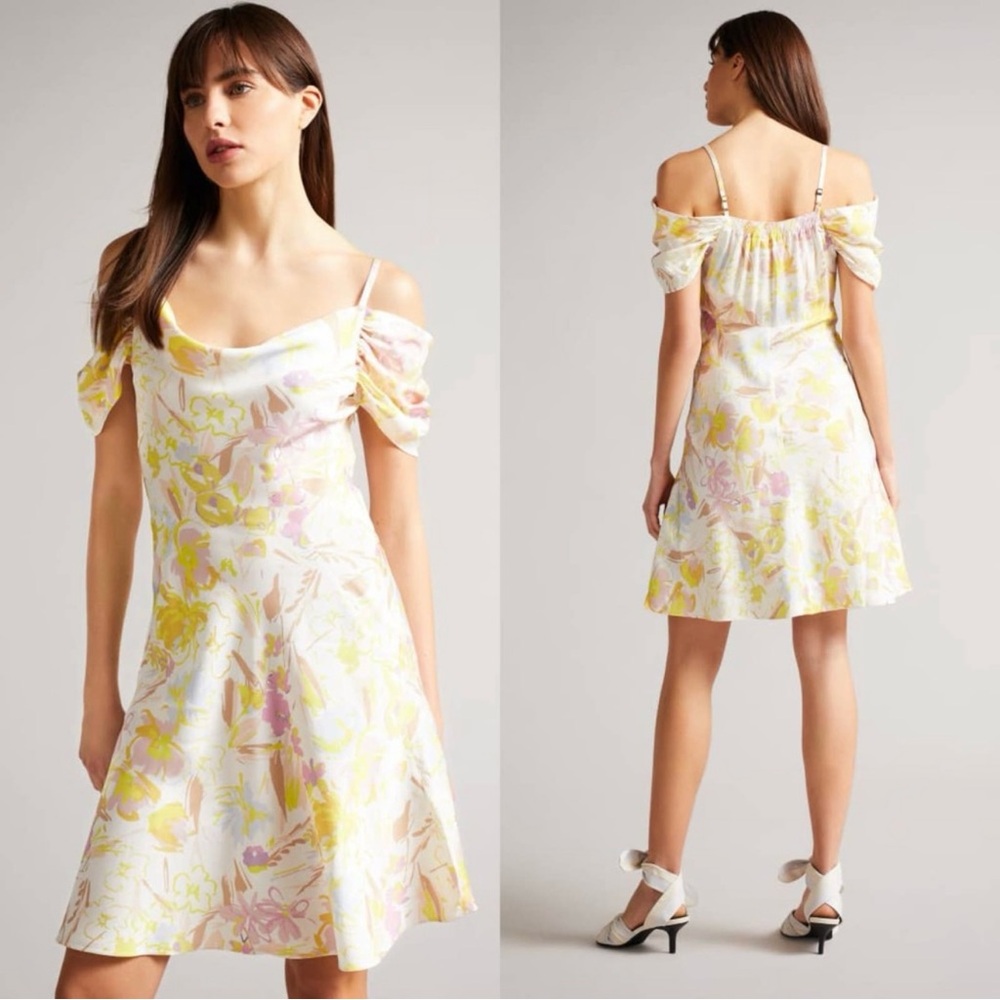 Ted Baker London Camily Floral Satin Cowl Neck Cold Shoulder Mini Dress Ivory 4 - Picture 2 of 16